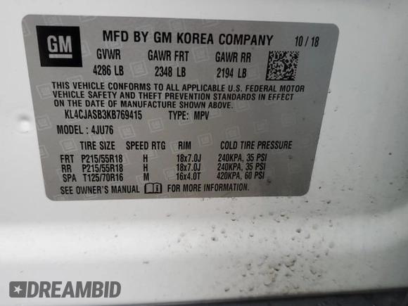 2019 Buick Encore Preferred with VIN KL4CJASB3KB769415, listed as a Copart auction lot 45499985 with 103,720 mi miles and Salvage Title. Bid and sale history available at DreamBid. Image 13.