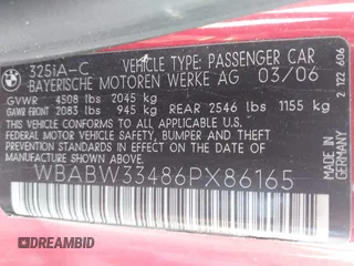 2006 BMW 3 Series 325Ci with VIN WBABW33486PX86165, listed as a IAAI auction lot 41719500 with 81,789 mi miles. Bid and sale history available at carsss.com. Image 9.
