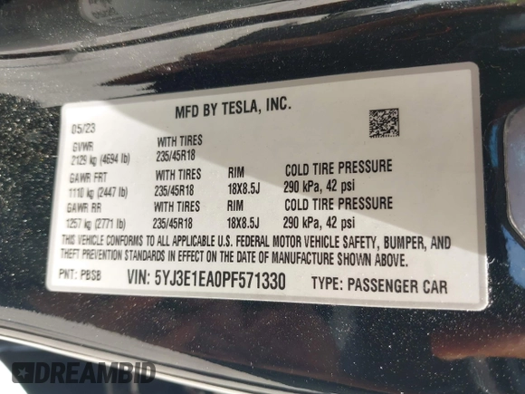 2023 Tesla Model 3 z VIN 5YJ3E1EA0PF571330, wystawiony jako IAAI lot #42198817 z przebiegiem 39 682 mil mil oraz . Historia ofert i sprzedaży dostępna na DreamBid. Obrazek 9.