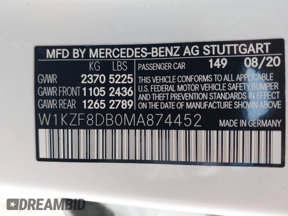 2021 Mercedes-Benz E 350 with VIN W1KZF8DB0MA874452, listed as a IAAI auction lot 42159201 with 53,594 mi miles and . Bid and sale history available at DreamBid. Image 9.