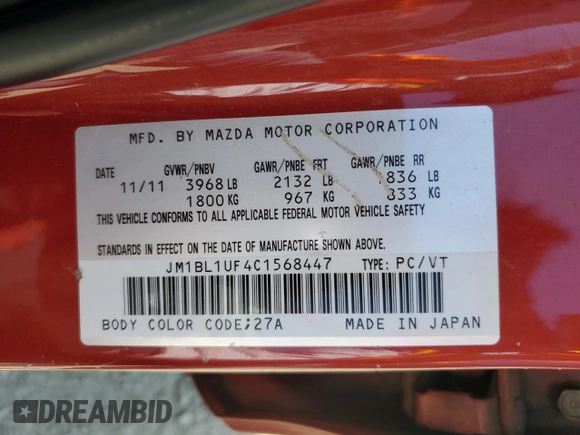 2012 Mazda 3 i Sport with VIN JM1BL1UF4C1568447, listed as a Copart auction lot 52842875 with 270,815 mi miles and Salvage Title. Bid and sale history available at DreamBid. Image 12.