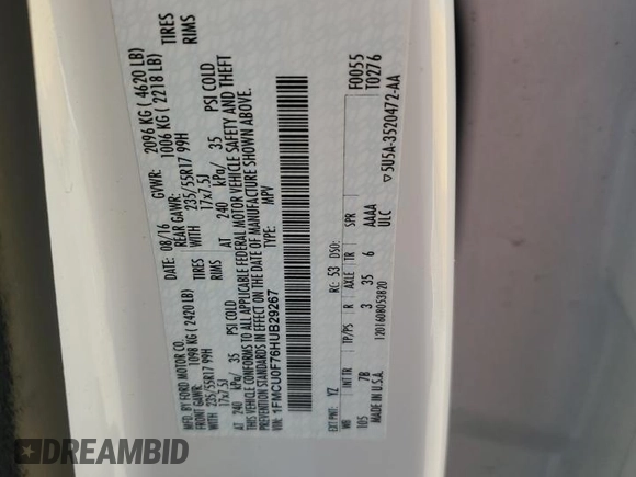 2017 Ford Escape S with VIN 1FMCU0F76HUB29267, listed as a Copart auction lot 65776434 with Not provided miles and Salvage title. Bid and sale history available at DreamBid. Image 14.