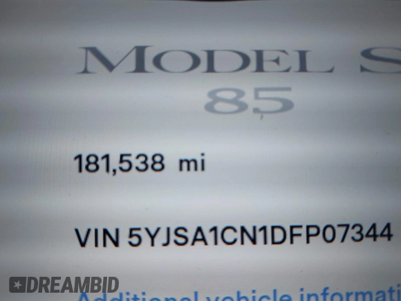 2013 Tesla Model S with VIN 5YJSA1CN1DFP07344, listed as a IAAI auction lot 42746574 with 181,538 mi miles and . Bid and sale history available at DreamBid. Image 15.