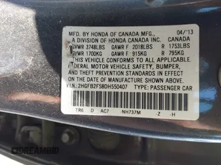 2013 Honda Civic LX with VIN 2HGFB2F58DH550407, listed as a IAAI auction lot 42226423 with 152,007 mi miles and . Bid and sale history available at DreamBid. Image 9.