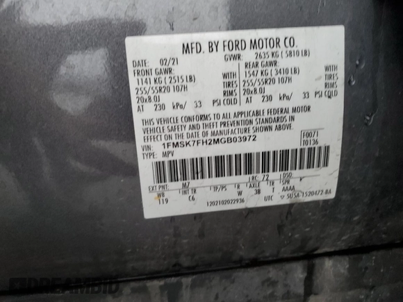 2021 Ford Explorer Limited с VIN 1FMSK7FH2MGB03972, выставлен на аукционе Copart как лот 86814334 с пробегом 91 589 миль миль и Списание • Salvage title. История ставок и продаж доступна на DreamBid. Изображение 13.