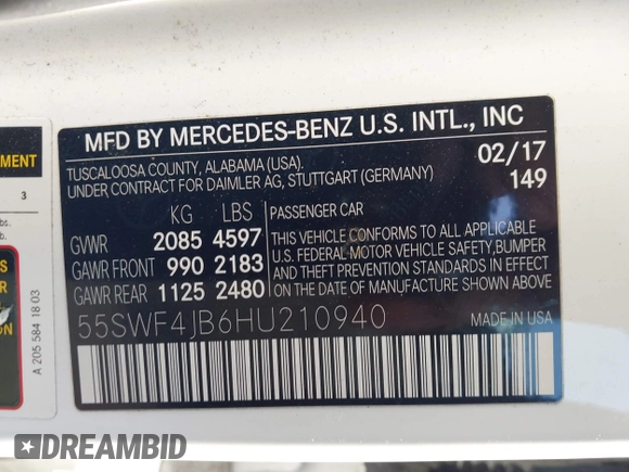 2017 Mercedes-Benz C 300 with VIN 55SWF4JB6HU210940, listed as a IAAI auction lot 41482598 with 101,135 mi miles and . Bid and sale history available at DreamBid. Image 8.