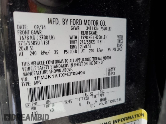 2015 Ford Expedition Max Limited с VIN 1FMJK1KTXFEF08494, выставлен на аукционе Copart как лот 53540905 с пробегом 163 326 миль миль и Чистый • Clean title. История ставок и продаж доступна на DreamBid. Изображение 13.
