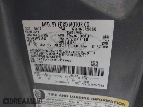 2013 Ford F-150 XL with VIN 1FTFW1ET9DKD23068, listed as a IAAI auction lot 42708084 with 180,550 mi miles and . Bid and sale history available at DreamBid. Image 9.