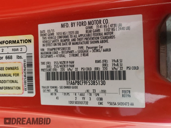 2015 Ford Mustang GT with VIN 1FA6P8CF9F5385130, listed as a Copart auction lot 47873685 with 90,094 mi miles and Salvage Title. Bid and sale history available at carsss.com. Image 15.