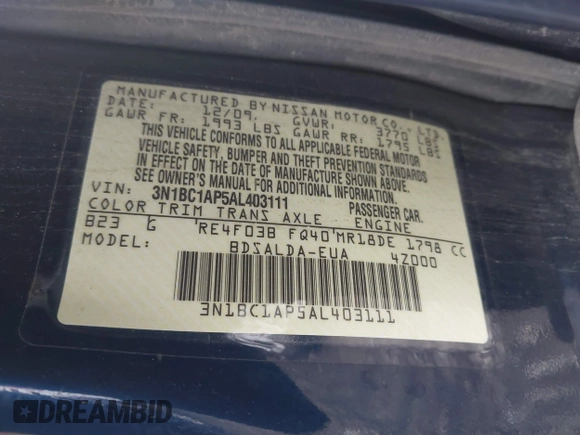 2010 Nissan Versa S with VIN 3N1BC1AP5AL403111, listed as a IAAI auction lot 42594484 with 152,453 mi miles and . Bid and sale history available at DreamBid. Image 9.