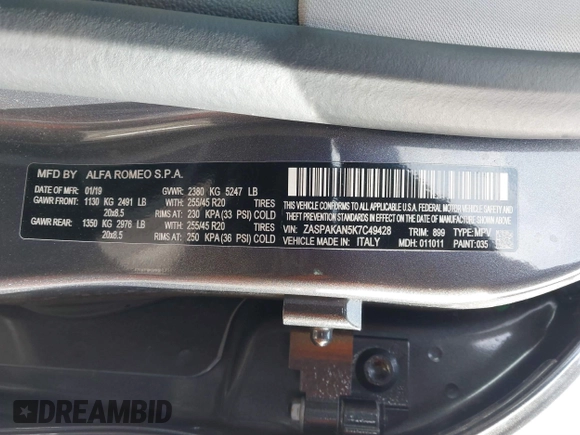 2019 Alfa Romeo Stelvio z VIN ZASPAKAN5K7C49428, wystawiony jako IAAI lot #41590351 z przebiegiem 60 052 mil mil oraz . Historia ofert i sprzedaży dostępna na DreamBid. Obrazek 9.