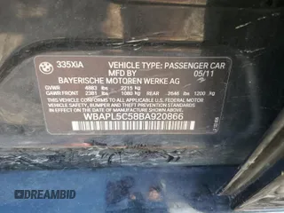 2011 BMW 3 Series 335i xDrive with VIN WBAPL5C58BA920866, listed as a Copart auction lot 52519045 with 111,106 mi miles and Salvage title. Bid and sale history available at DreamBid. Image 12.