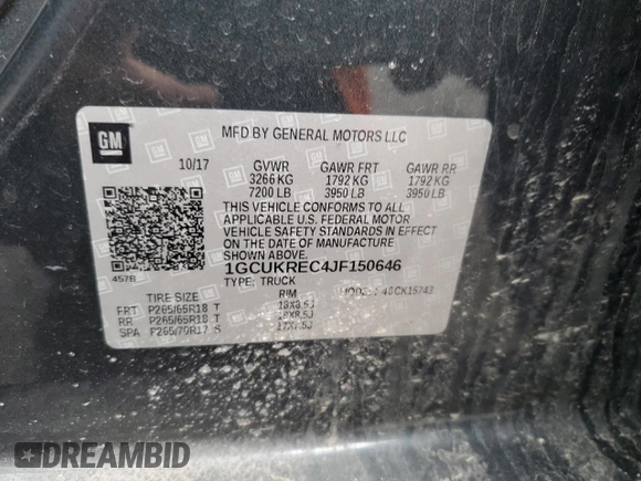 2018 Chevrolet Silverado 1500 LT with VIN 1GCUKREC4JF150646, listed as a Copart auction lot 52700405 with Not Provided miles and Salvage Title. Bid and sale history available at DreamBid. Image 12.