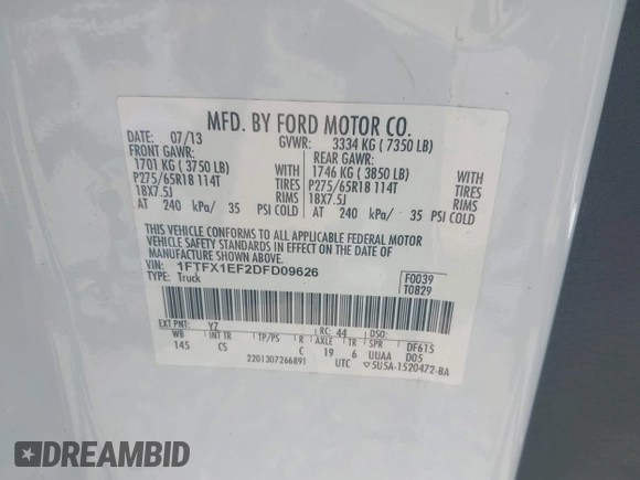 2013 Ford F-150 XL with VIN 1FTFX1EF2DFD09626, listed as a IAAI auction lot 42168266 with 116,572 mi miles and . Bid and sale history available at DreamBid. Image 9.