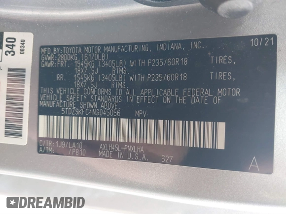 2022 Toyota Sienna Limited with VIN 5TDZSKFC4NS045056, listed as a IAAI auction lot 41256209 with 85,633 mi miles. Bid and sale history available at carsss.com. Image 9.