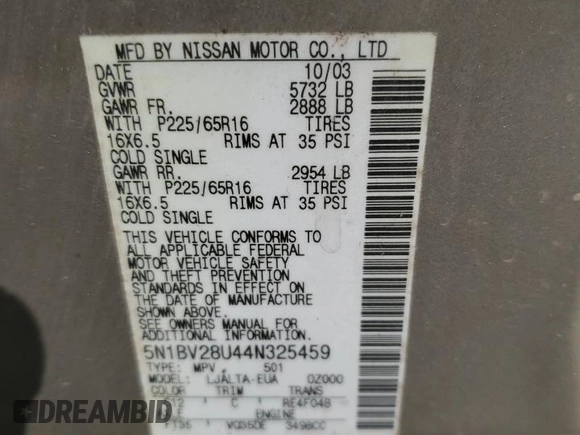 2004 Nissan Quest SE with VIN 5N1BV28U44N325459, listed as a Copart auction lot 78440064 with 162,445 mi miles and Salvage Title. Bid and sale history available at carsss.com. Image 15.