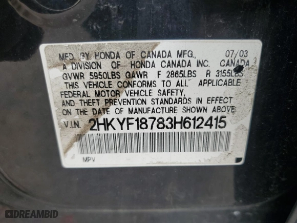 2003 Honda Pilot EX with VIN 2HKYF18783H612415, listed as a Copart auction lot 53049385 with 258,932 mi miles and Salvage Title. Bid and sale history available at carsss.com. Image 12.
