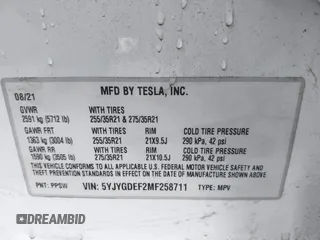 2021 Tesla Model Y Performance with VIN 5YJYGDEF2MF258711, listed as a IAAI auction lot 41367832 with 47,662 mi miles and . Bid and sale history available at DreamBid. Image 9.