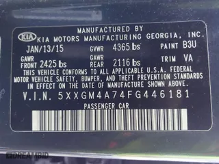 2015 Kia Optima LX with VIN 5XXGM4A74FG446181, listed as a IAAI auction lot 41816009 with 95,711 mi miles. Bid and sale history available at carsss.com. Image 9.