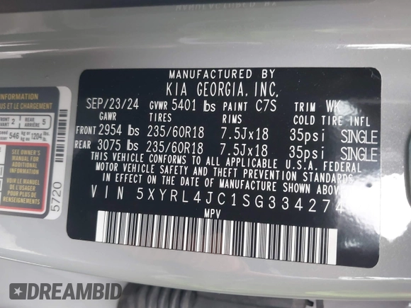 2025 Kia Sorento S z VIN 5XYRL4JC1SG334274, wystawiony jako IAAI lot #41820190 z przebiegiem 8 336 mil mil oraz . Historia ofert i sprzedaży dostępna na DreamBid. Obrazek 9.