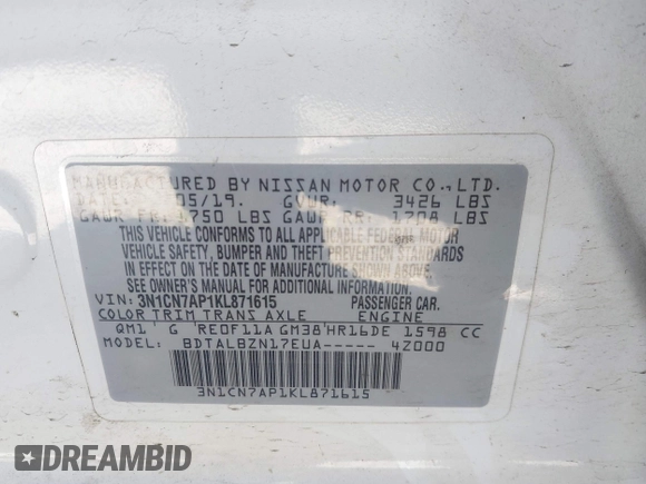 2019 Nissan Versa SV z VIN 3N1CN7AP1KL871615, wystawiony jako IAAI lot #42051338 z przebiegiem 108 364 mil mil oraz . Historia ofert i sprzedaży dostępna na DreamBid. Obrazek 9.