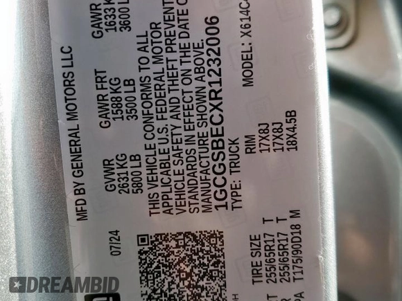 2024 Chevrolet Colorado 2WD Work Truck с VIN 1GCGSBECXR1232006, выставлен на аукционе Copart как лот 59890485 с пробегом Не указан миль и Списание • Salvage title. История ставок и продаж доступна на DreamBid. Изображение 13.