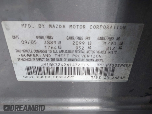 2006 Mazda 3 s with VIN JM1BK324261432113, listed as a IAAI auction lot 41944322 with 173,715 mi miles and . Bid and sale history available at DreamBid. Image 9.