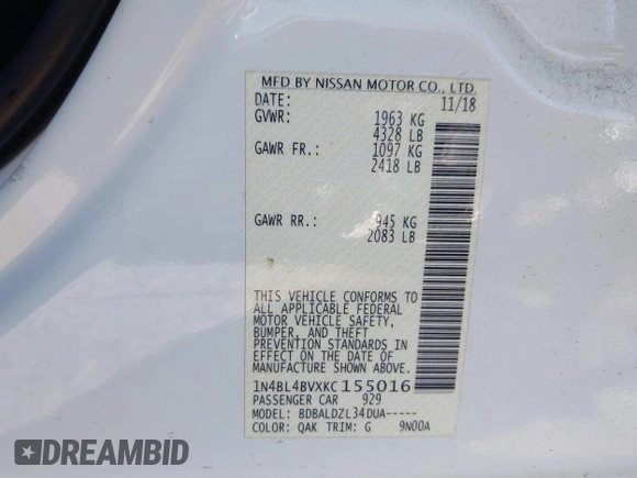 2019 Nissan Altima S with VIN 1N4BL4BVXKC155016, listed as a IAAI auction lot 41980978 with 97,688 mi miles and . Bid and sale history available at carsss.com. Image 9.