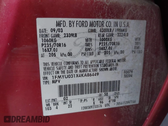 2004 Ford Escape XLT with VIN 1FMYU031X4KA86449, listed as a IAAI auction lot 42629506 with 231,115 mi miles and . Bid and sale history available at DreamBid. Image 9.
