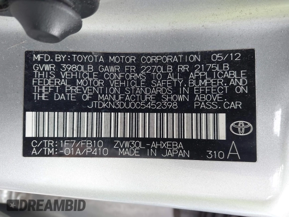 2012 Toyota Prius One with VIN JTDKN3DU0C5452398, listed as a IAAI auction lot 42195125 with 223,632 mi miles. Bid and sale history available at carsss.com. Image 9.