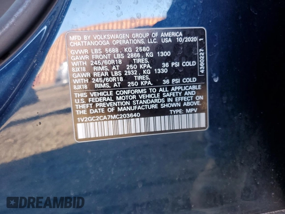 2021 Volkswagen Atlas S with VIN 1V2GC2CA7MC203640, listed as a Copart auction lot 43782745 with 61,806 mi miles and Salvage title. Bid and sale history available at DreamBid. Image 14.