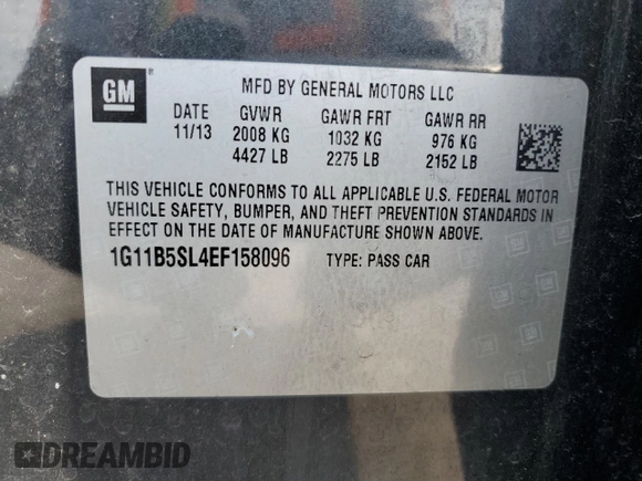 2014 Chevrolet Malibu LS with VIN 1G11B5SL4EF158096, listed as a Copart auction lot 55339385 with 176,201 mi miles and Salvage Title. Bid and sale history available at DreamBid. Image 12.