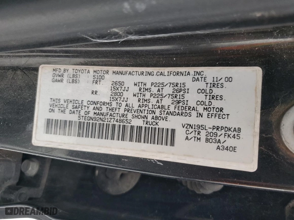 2001 Toyota Tacoma PreRunner with VIN 5TEGN92N21Z748652, listed as a Copart auction lot 50126125 with 261,395 mi miles and Salvage Title. Bid and sale history available at carsss.com. Image 12.