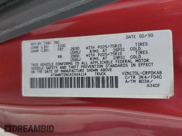 1999 Toyota Tacoma z VIN 4TAWN72N1XZ484114, wystawiony jako Copart lot #60478265 z przebiegiem 209 308 mil mil oraz Szkoda całkowita • Salvage title. Historia ofert i sprzedaży dostępna na DreamBid. Obrazek 12.