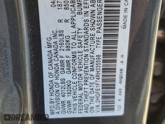 2024 Honda Civic Sedan EX with VIN 2HGFE1F74RH335598, listed as a Copart auction lot 48547325 with 0 mi miles and Salvage Title. Bid and sale history available at carsss.com. Image 12.