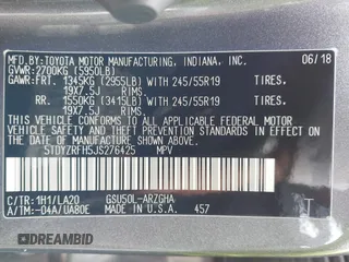 2018 Toyota Highlander Limited with VIN 5TDYZRFH5JS276425, listed as a IAAI auction lot 42070369 with 129,215 mi miles and . Bid and sale history available at DreamBid. Image 9.