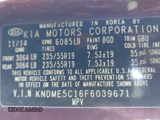 2015 Kia Sedona SX-L with VIN KNDME5C16F6039671, listed as a IAAI auction lot 41736237 with 113,035 mi miles and . Bid and sale history available at DreamBid. Image 9.