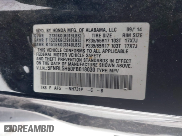 2015 Honda Odyssey EX-L with VIN 5FNRL5H60FB018030, listed as a IAAI auction lot 41608357 with 166,214 mi miles and . Bid and sale history available at carsss.com. Image 9.