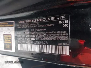 2015 Mercedes-Benz C-Class C 300 with VIN 55SWF4JB9FU089625, listed as a IAAI auction lot 41538932 with 129,101 mi miles. Bid and sale history available at carsss.com. Image 9.