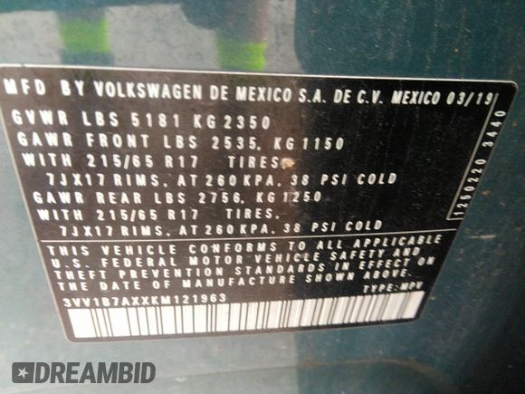 2019 Volkswagen Tiguan S z VIN 3VV1B7AXXKM121963, wystawiony jako IAAI lot #40076115 z przebiegiem 167 540 mil mil oraz . Historia ofert i sprzedaży dostępna na DreamBid. Obrazek 9.