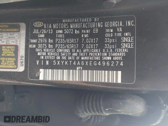 2014 Kia Sorento LX z VIN 5XYKT4A6XEG496274, wystawiony jako IAAI lot #42077337 z przebiegiem Nie podano mil oraz . Historia ofert i sprzedaży dostępna na DreamBid. Obrazek 9.
