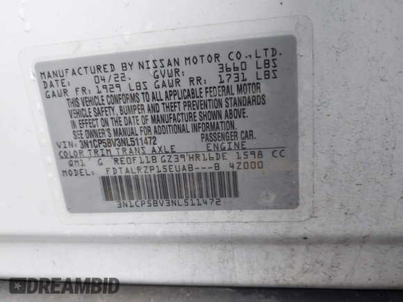 2022 Nissan Kicks S with VIN 3N1CP5BV3NL511472, listed as a IAAI auction lot 41434820 with Not Provided miles and . Bid and sale history available at DreamBid. Image 9.