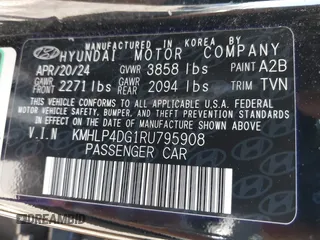 2024 Hyundai Elantra Limited with VIN KMHLP4DG1RU795908, listed as a IAAI auction lot 42191560 with 21,825 mi miles and . Bid and sale history available at DreamBid. Image 9.