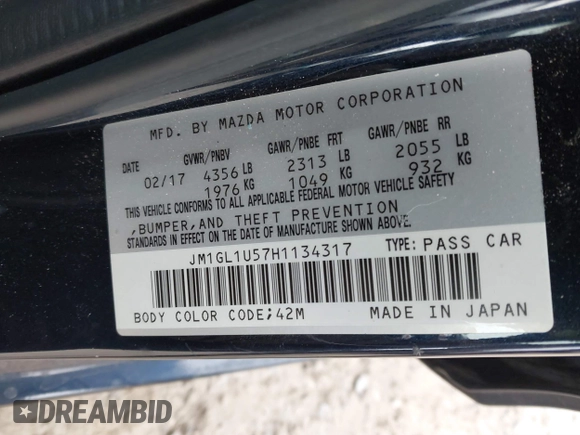 2017 Mazda Mazda6 Sport with VIN JM1GL1U57H1134317, listed as a IAAI auction lot 41717641 with 53,870 mi miles. Bid and sale history available at carsss.com. Image 9.