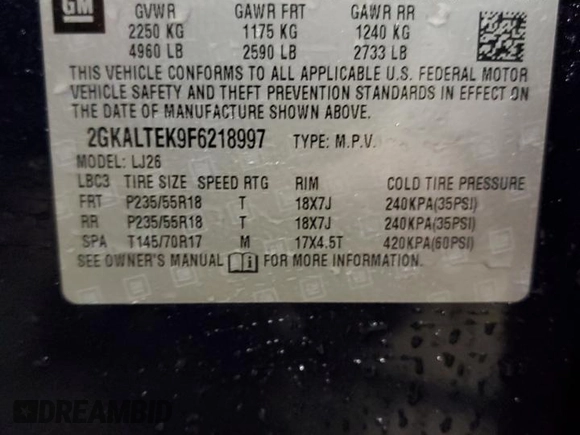 2015 GMC Terrain SLT с VIN 2GKALTEK9F6218997, выставлен на аукционе Copart как лот 88046945 с пробегом 93 684 миль миль и На запчасти • Non repairable. История ставок и продаж доступна на DreamBid. Изображение 13.