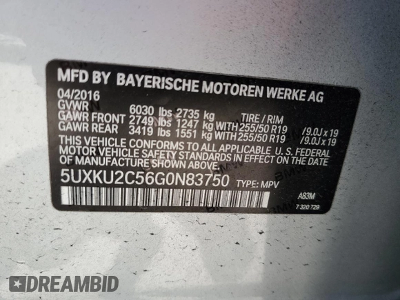 2016 BMW X6 xDrive35i with VIN 5UXKU2C56G0N83750, listed as a Copart auction lot 49053393 with 123,914 mi miles. Bid and sale history available at carsss.com. Image 16.