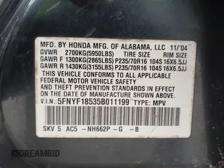 2005 Honda Pilot EX-L with VIN 5FNYF18535B011199, listed as a IAAI auction lot 41802730 with 298,903 mi miles. Bid and sale history available at carsss.com. Image 9.