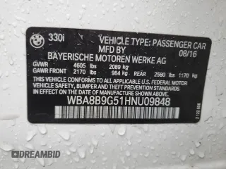2017 BMW 3 Series 330i with VIN WBA8B9G51HNU09848, listed as a Copart auction lot 48812075 with 105,075 mi miles and Salvage Title. Bid and sale history available at carsss.com. Image 14.