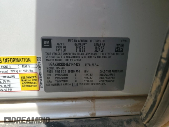 2014 Buick Enclave Premium with VIN 5GAKRCKD4EJ144427, listed as a Copart auction lot 53866595 with 150,755 mi miles and Salvage Title. Bid and sale history available at DreamBid. Image 13.