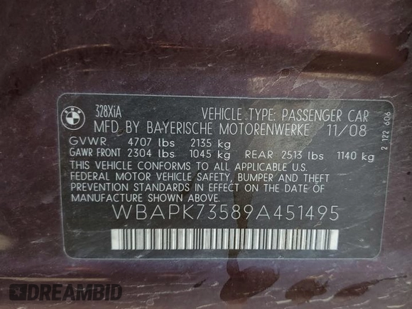 2009 BMW 3 Series 328i xDrive with VIN WBAPK73589A451495, listed as a Copart auction lot 61677195 with 113,144 mi miles and Salvage title. Bid and sale history available at DreamBid. Image 14.